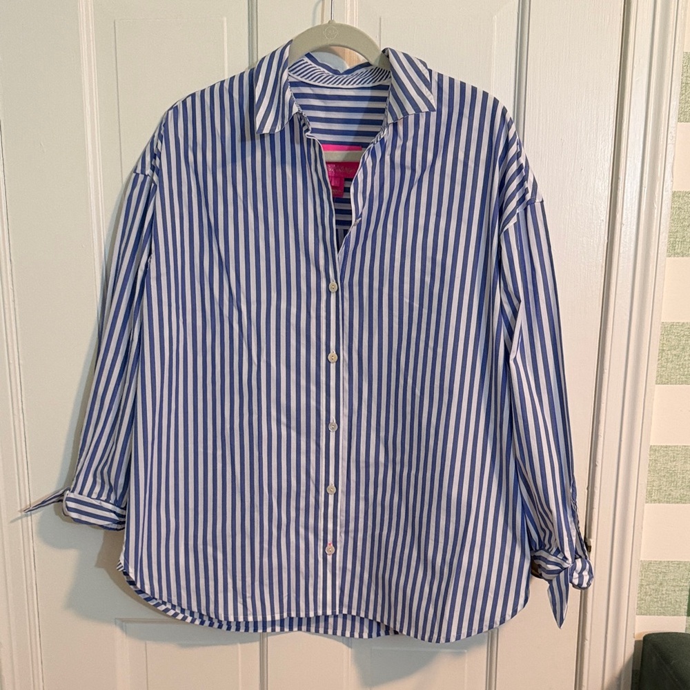 NWT Lilly Pulitzer Lesia Relaxed Button Down Blue & White Striped Shirt Size S